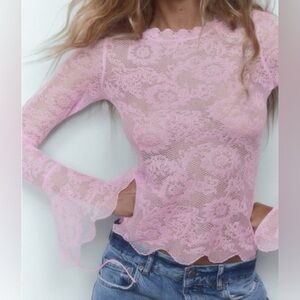 Zara lace sheer bell sleeve top small medium pink